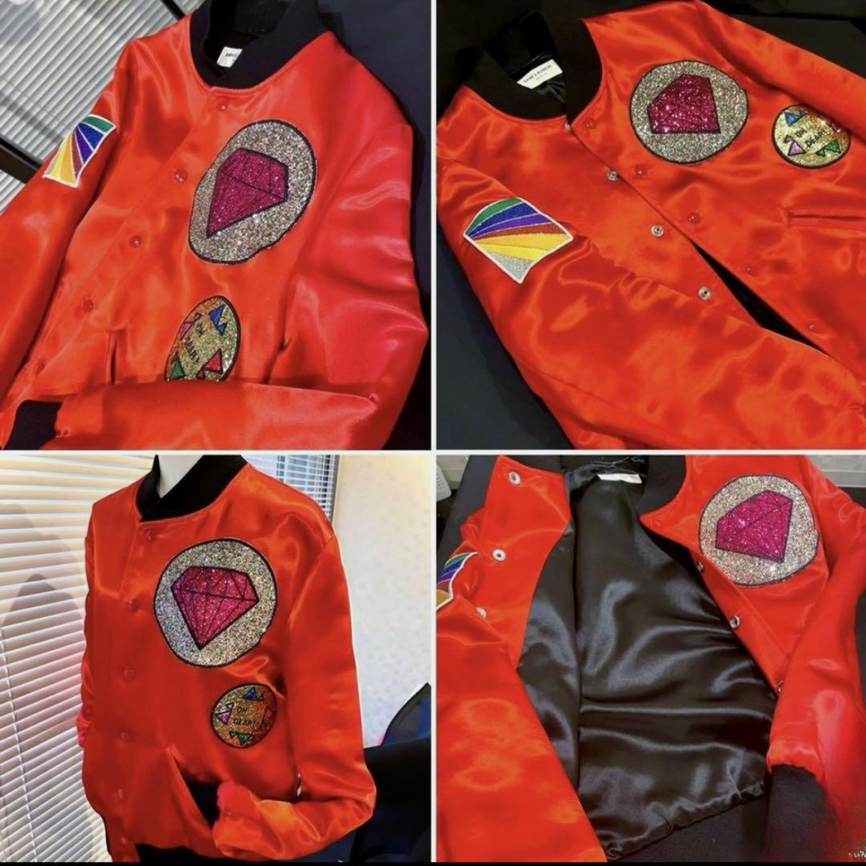 Lady Gaga’s Original Worn Saint Laurent “Glitter Multipatch Diamond” Teddy Jacket (Hedi Slimane Era) – Ultra Rare Red/Multi ‘Glitter Multipatch Diamond’ variant