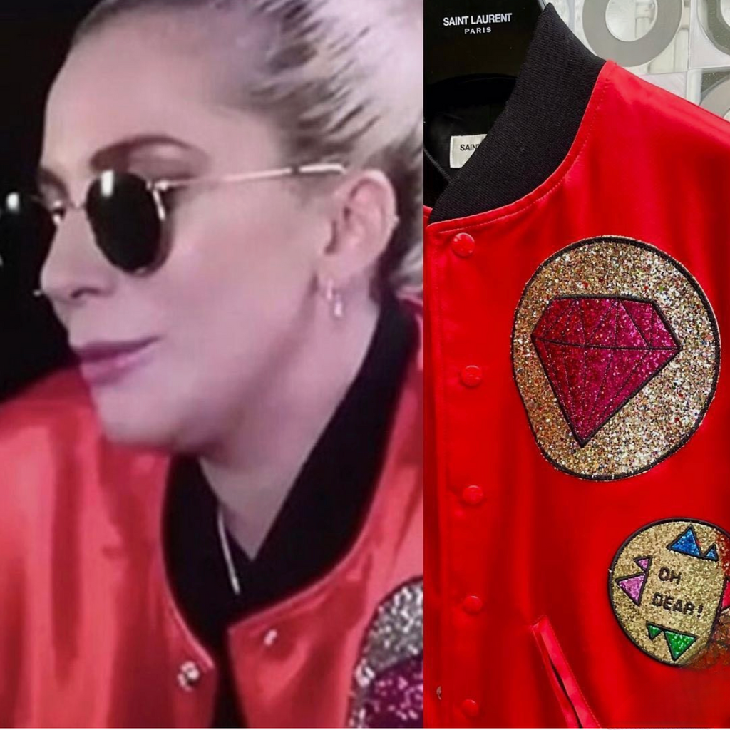 Lady Gaga’s Original Worn Saint Laurent “Glitter Multipatch Diamond” Teddy Jacket (Hedi Slimane Era) – Ultra Rare Red/Multi ‘Glitter Multipatch Diamond’ variant