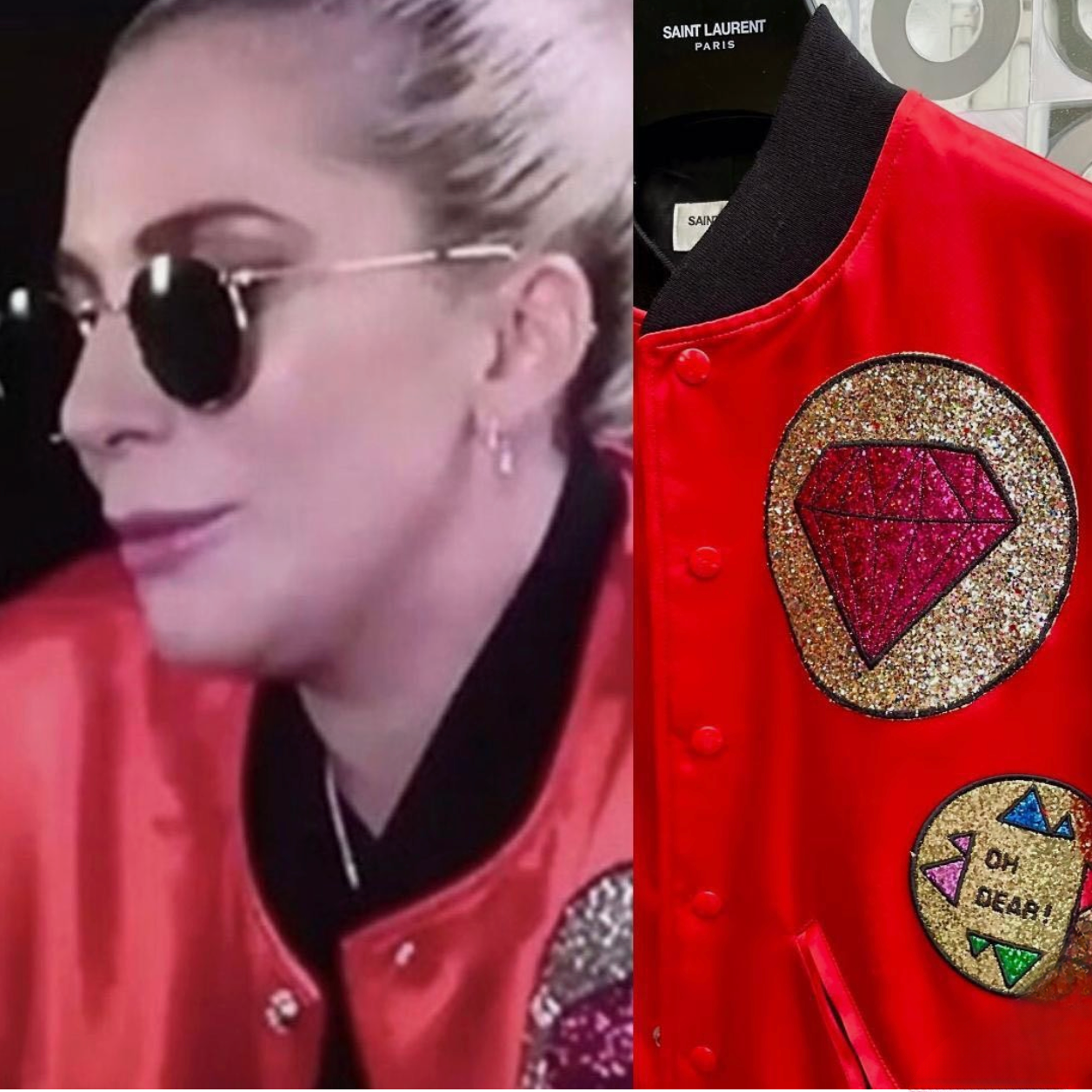 Lady Gaga’s Original Worn Saint Laurent “Glitter Multipatch Diamond” Teddy Jacket (Hedi Slimane Era) – Ultra Rare Red/Multi ‘Glitter Multipatch Diamond’ variant