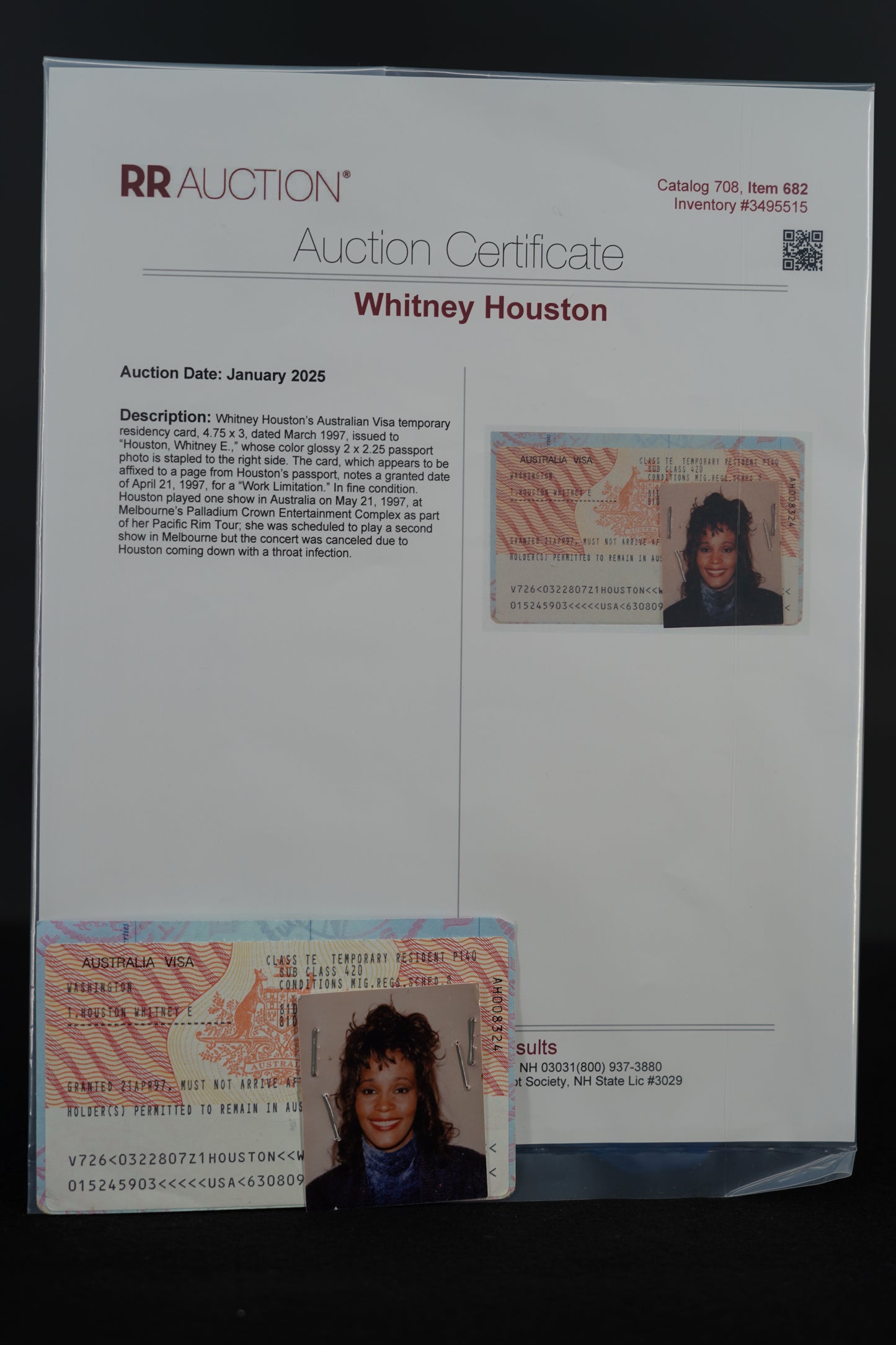 Whitney Houston Australian Visa, March 1997